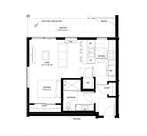 Floor plan for 1 bed, 1 bath, 550 sqft